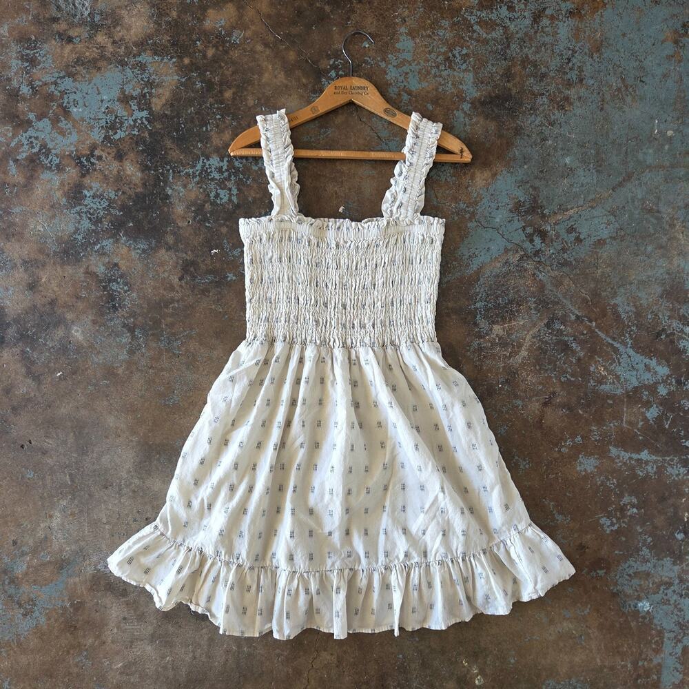 Madewell Lucie Smocked Tank Mini Dress in Textural Clipdot Size M Ivory Ruffle
